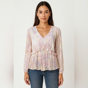 DR2 Floral Pleated Peplum Ruffled V-Neck Blouse Long Sleeve Top
